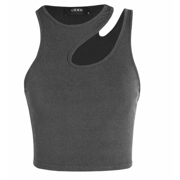 NWT Slate Gray Asymetrical High Neck Cut Out Fitted Crop Tank Top Small - Picture 1 of 7
